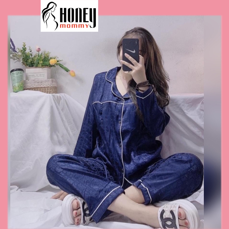 Bộ Đồ Bầu Pijama Có Cổ Lụa Gấm , Bộ Bầu Và Sau Sinh 2 Chức Năng Kết Hợp Cho Con Bú Dài Tay HT4619 Honey Mommy