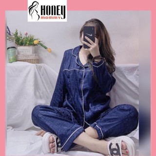 Bộ Đồ Bầu Pijama Có Cổ Lụa Gấm , Bộ Bầu Và Sau Sinh 2 Chức Năng Kết Hợp Cho Con Bú Dài Tay HT4619 Honey Mommy