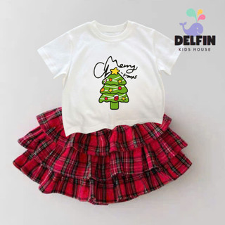  Sét NOEL bé gái áo ngắn tay mix chân váy Caro noel 3 tầng Delfinkid sét váy noel bé gái từ 10-30kg 
