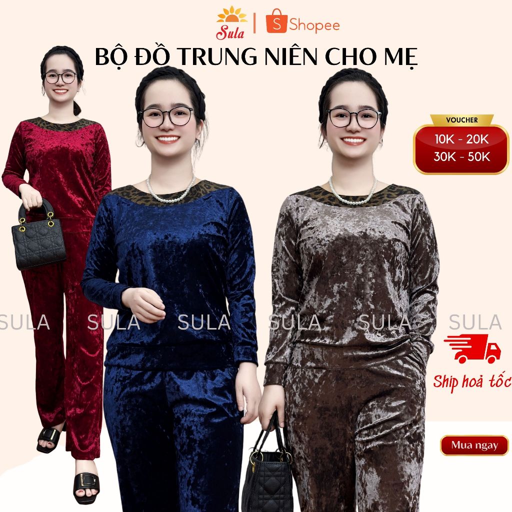 Quần áo cho mẹ, bộ nhung tuyết mềm mại họa tiết cổ ren lưới cổ V ms625