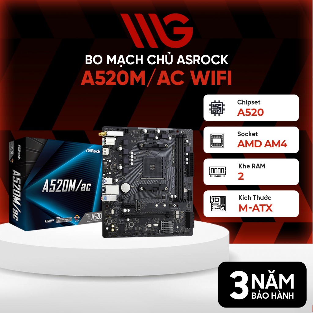 Mainboard ASRock A520M/ac WiFi AMD AM4 DDR4 - Bảo hành 36 tháng