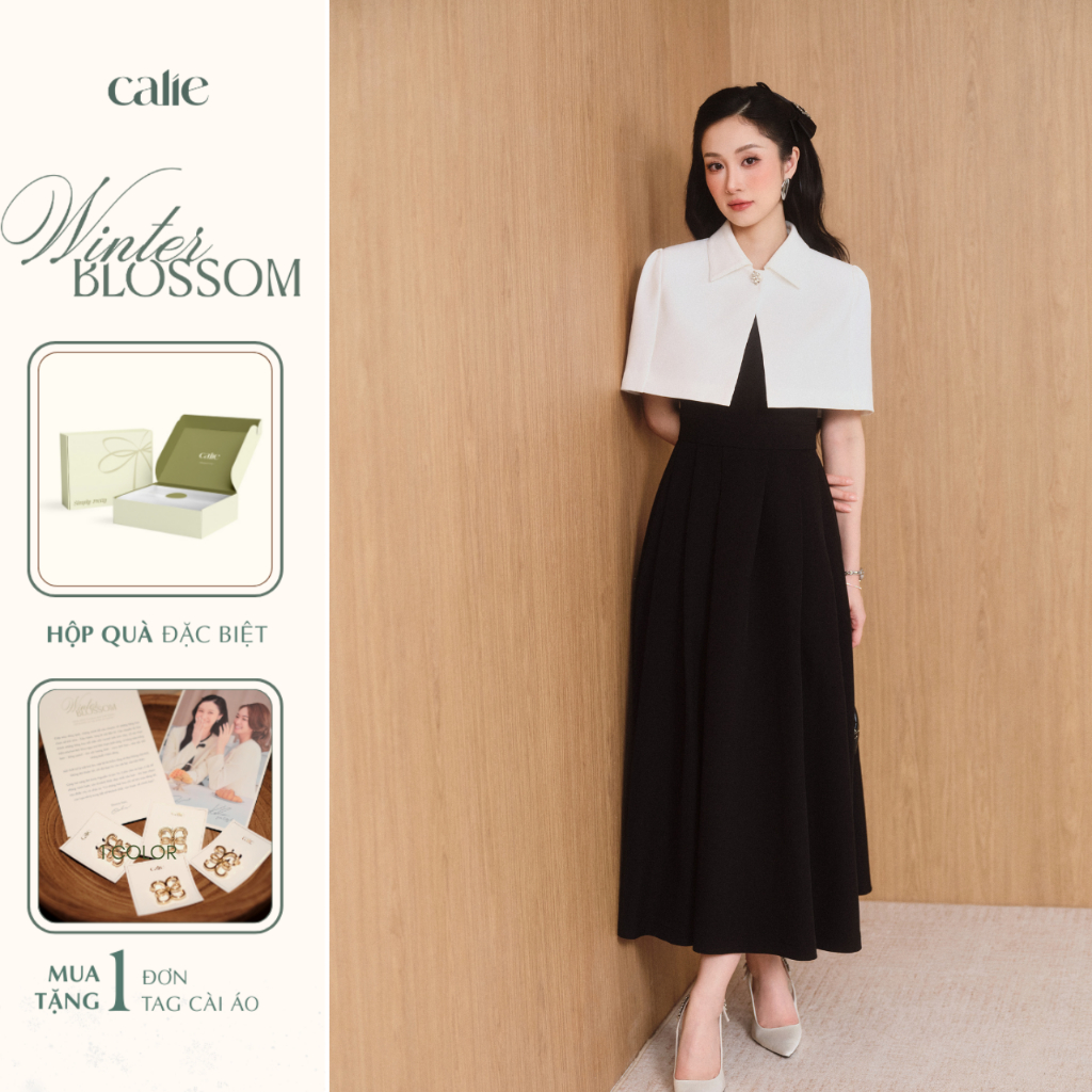 (Winter Chapter 2) Váy đen dáng xoè có áo choàng rời, chất liệu cao cấp, sang trọng thời trang nữ Ca