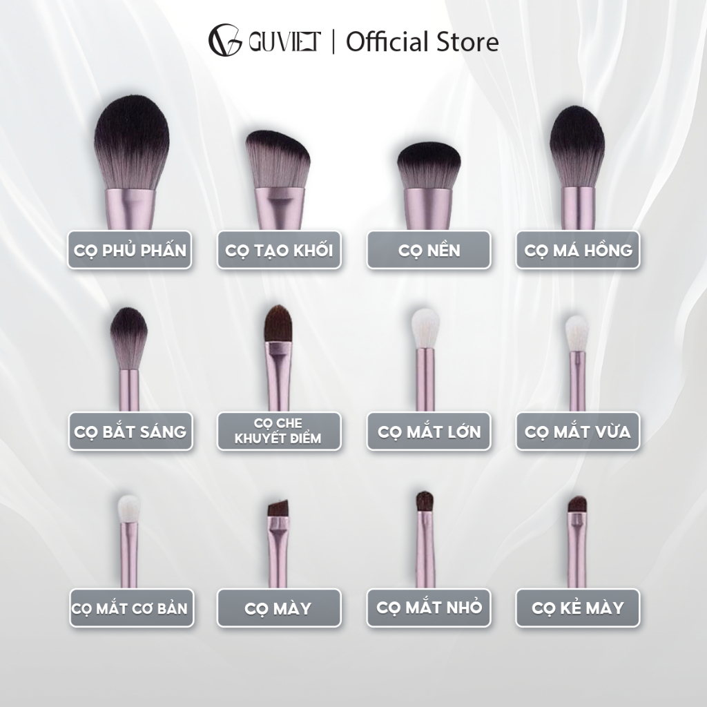 [Võ Hà Linh x GUVIET]  Set 12 Cọ Nâu Ngà Kèm Bao Da (côc) tặng trứng giặt cọ 250g