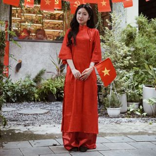 Áo dài gấm vân hoa KHỞI CẦM tay loe 2 lớp phối dây đính cúc ngọc HAVANA AD115