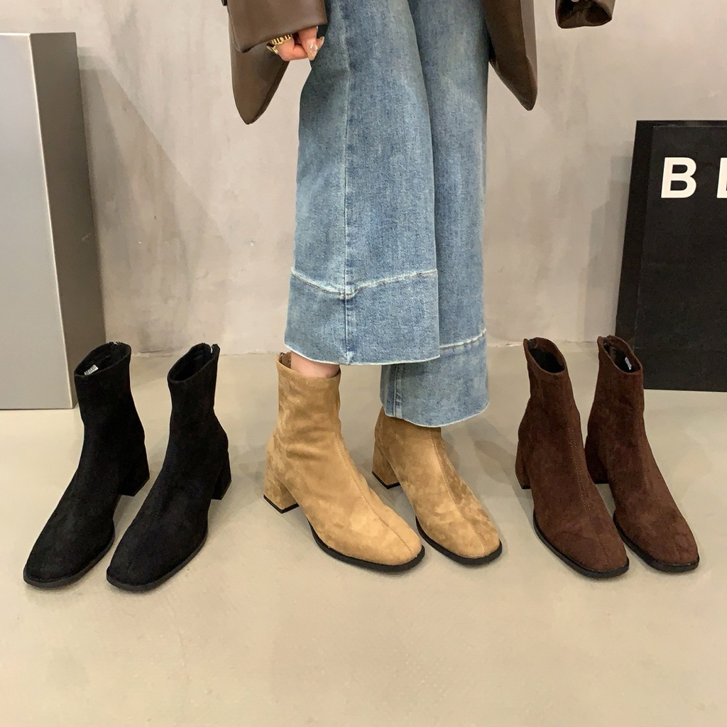 Giày boot nữ da lộn cổ thấp cao gót 5cm bốt nữ Eudora899 dáng đơn giản mùa thu đông A523