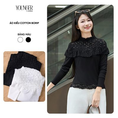 Áo kiểu nữ YOUNGER BY CARDINA chất liệu cotton borip hàn phối ren dài tay cổ leo 5YALD09