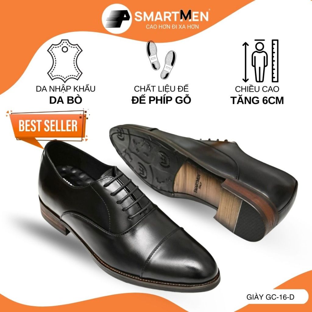 Giày Công sở Cao cấp nam tăng chiều cao GC-16 Đen SMARTMEN đế phíp gỗ sang trọng Oxford shoes