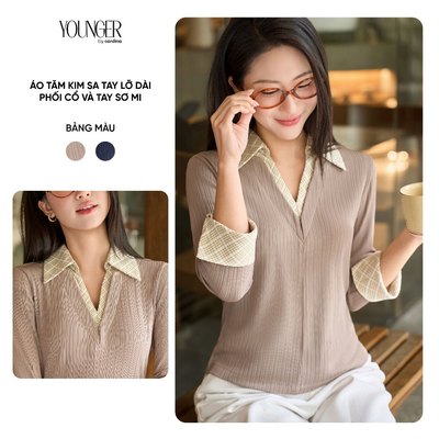 Áo sơ mi nữ YOUNGER BY CARDINA chất liệu tăm kim sa tay lỡ dài phối cổ và tay sơ mi 5YAFD05
