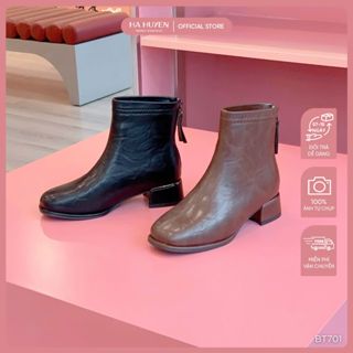  Giày bốt cổ thấp boot nữ HÀ HUYỀN da mềm khóa sau mũi vuông gót vuông 4cm - BT701 
