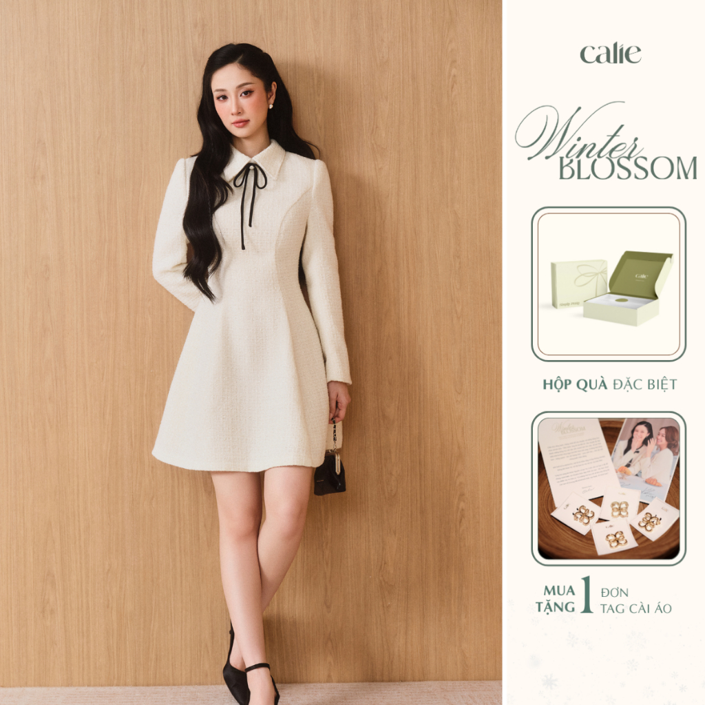 (Winter Chapter 2) Váy xoè dạ tweed bổ mảnh phối dây nơ đen, sang trọng thời trang nữ Calie VX326