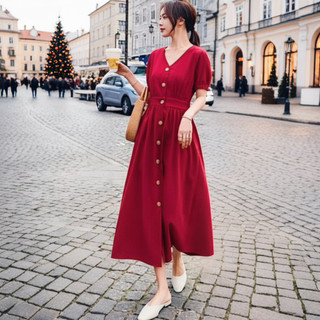 Đầm midi đỏ cổ tim dáng dài, váy noel, váy tết (kèm bình thật)