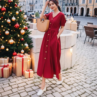 Đầm midi đỏ cổ tim dáng dài, váy noel, váy tết (kèm bình thật)