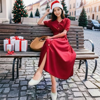 Đầm midi đỏ cổ tim dáng dài, váy noel, váy tết (kèm bình thật)