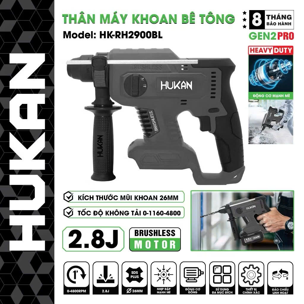 Thân Máy khoan đục bê tông pin HUKAN HK-RH2900BL, Không chổi than, 3 Chức năng, Lực đập 2.8J