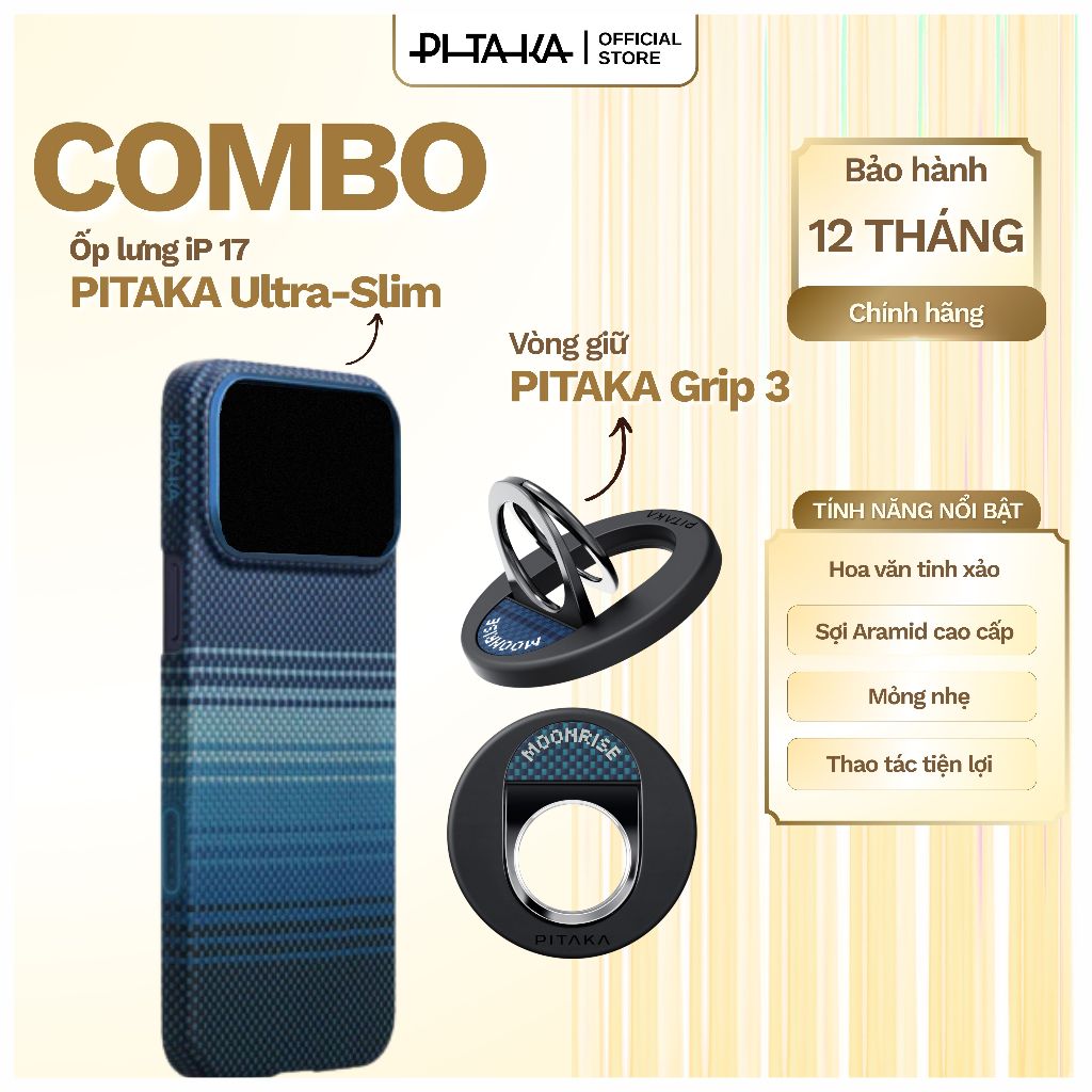 [COMBO ỐP LƯNG & VÒNG GIỮ] PITAKA Ultra-Slim iPhone 17 Siêu Mỏng Nhẹ & Magez Grip 3 Cao Cấp, Từ Tính
