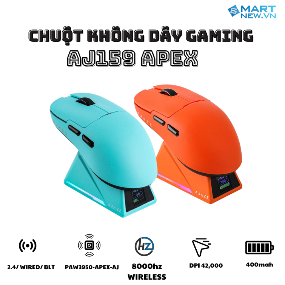 Chuột không dây gaming AJAZZ AJ159 Apex - 3 mode kết nối - Paw 3950 - 8K HZ - APP tùy chỉnh