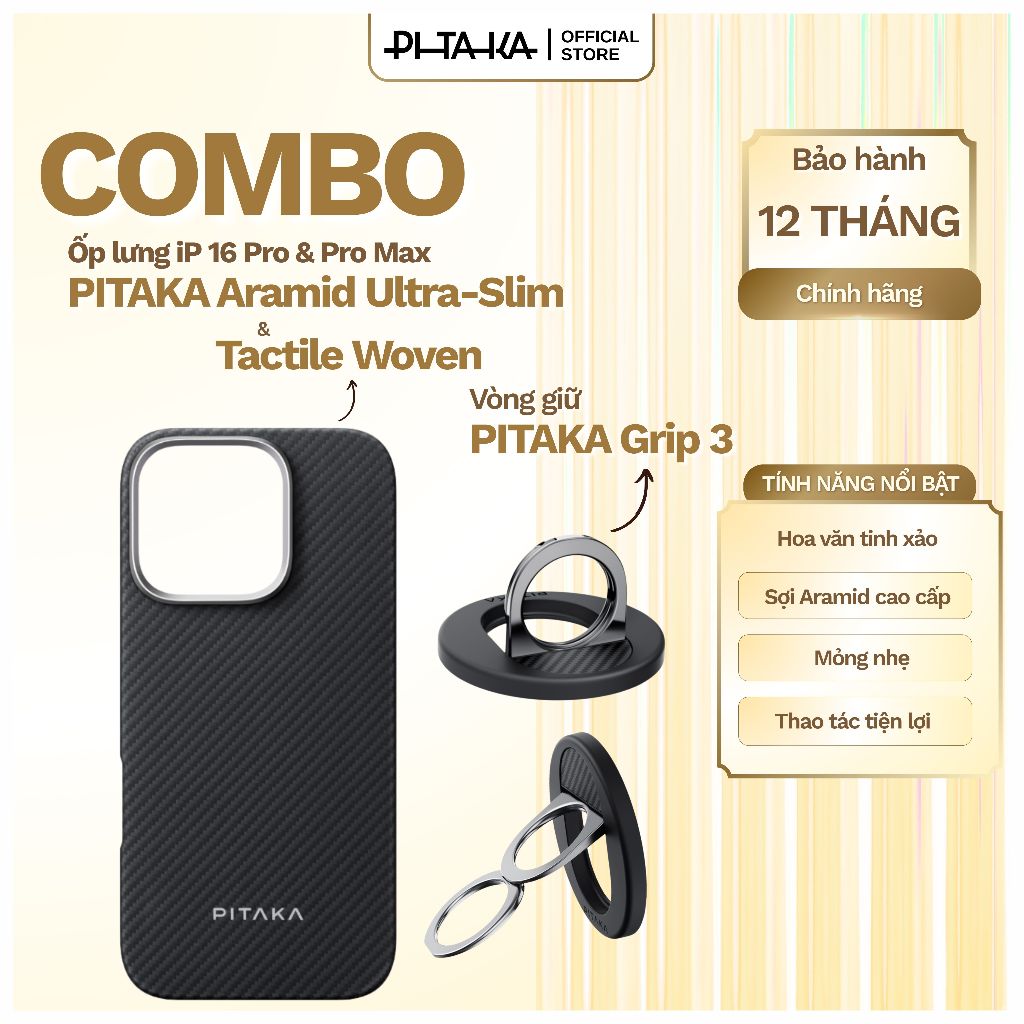 [COMBO ỐP LƯNG & VÒNG GIỮ] PITAKA U-Slim/Tactile Woven iPhone 16 Mỏng Nhẹ & Magez Grip 3 Cao Cấp