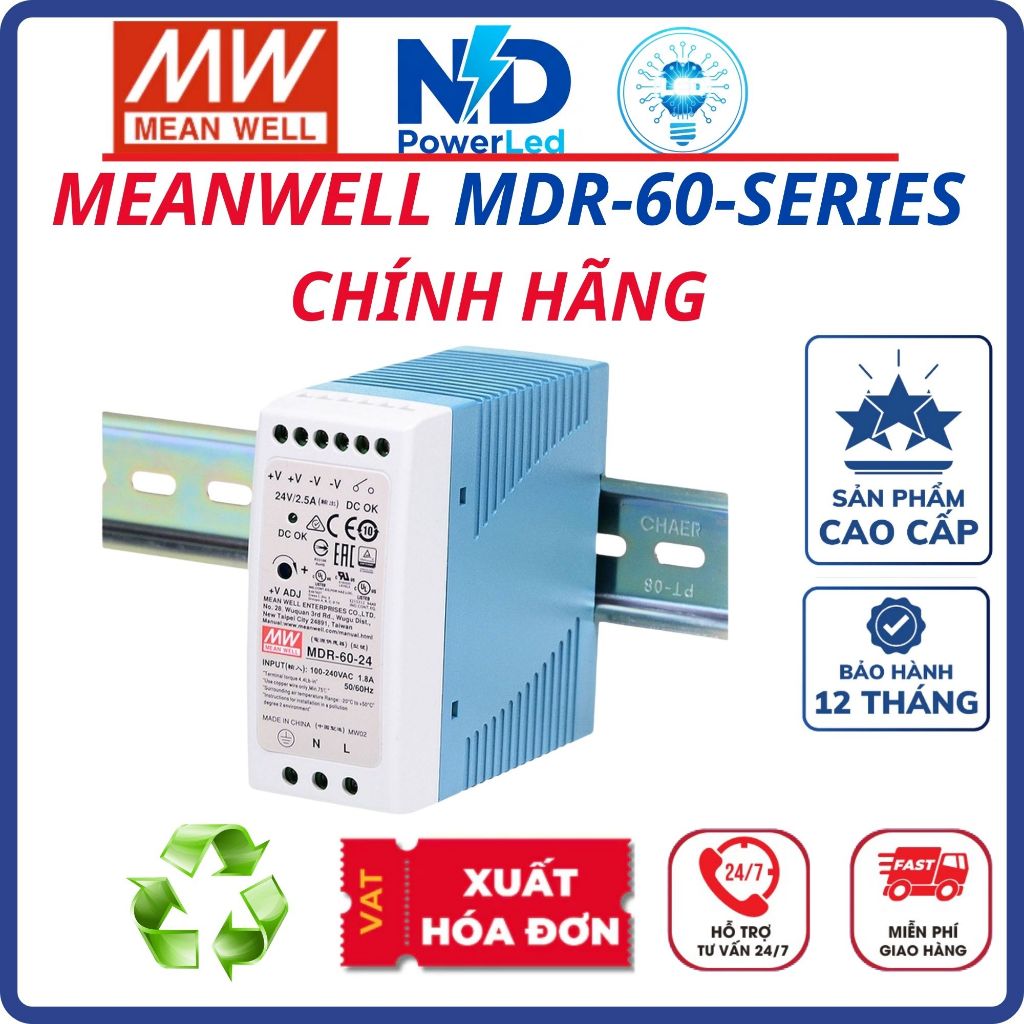 Nguồn Meanwell MDR-60 Series,Nguồn Meanwell MDR-60W 5V/12V/24V/48V Nguồn DIN Rail Siêu Mỏng MDR-60