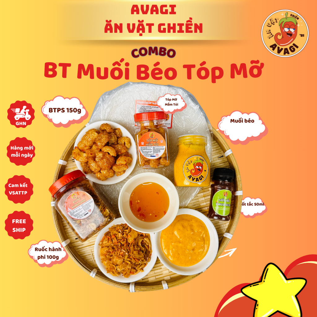 (TÓP MỠ) MUỐI BÉO AVAGI COMBO BÁNH TRÁNG PHƠI SƯƠNG (Bánh tráng+Muối béo+Tóp mỡ+Ruốc Hành Phi+Sốt tắ