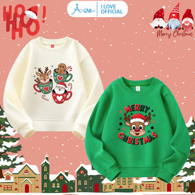 [HÀNG MỚI VỀ] AORE Áo SWEATER Noel, Áo nỉ dài tay cổ tròn in hình Giáng Sinh chất nỉ da cá mềm bé trai, bé gái 10-34kg