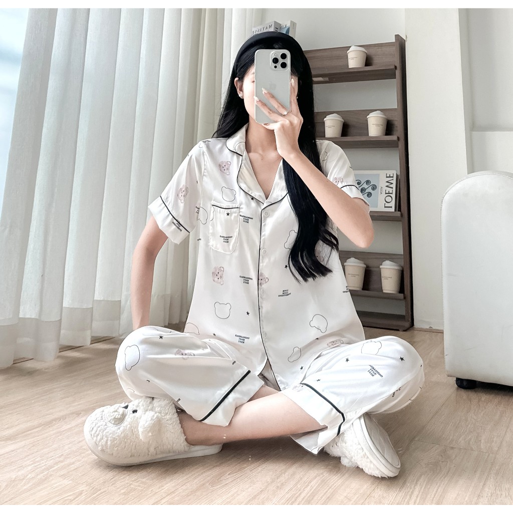 Bộ ngủ cộc tay áo cổ bẻ quần dài dễ thương vải lụa latin pha tơ tằm mềm đẹp