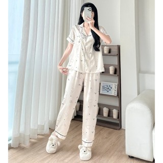 Bộ ngủ cộc tay áo cổ bẻ quần dài dễ thương vải lụa latin pha tơ tằm mềm đẹp