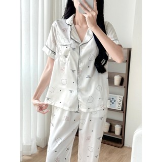 Bộ ngủ cộc tay áo cổ bẻ quần dài dễ thương vải lụa latin pha tơ tằm mềm đẹp
