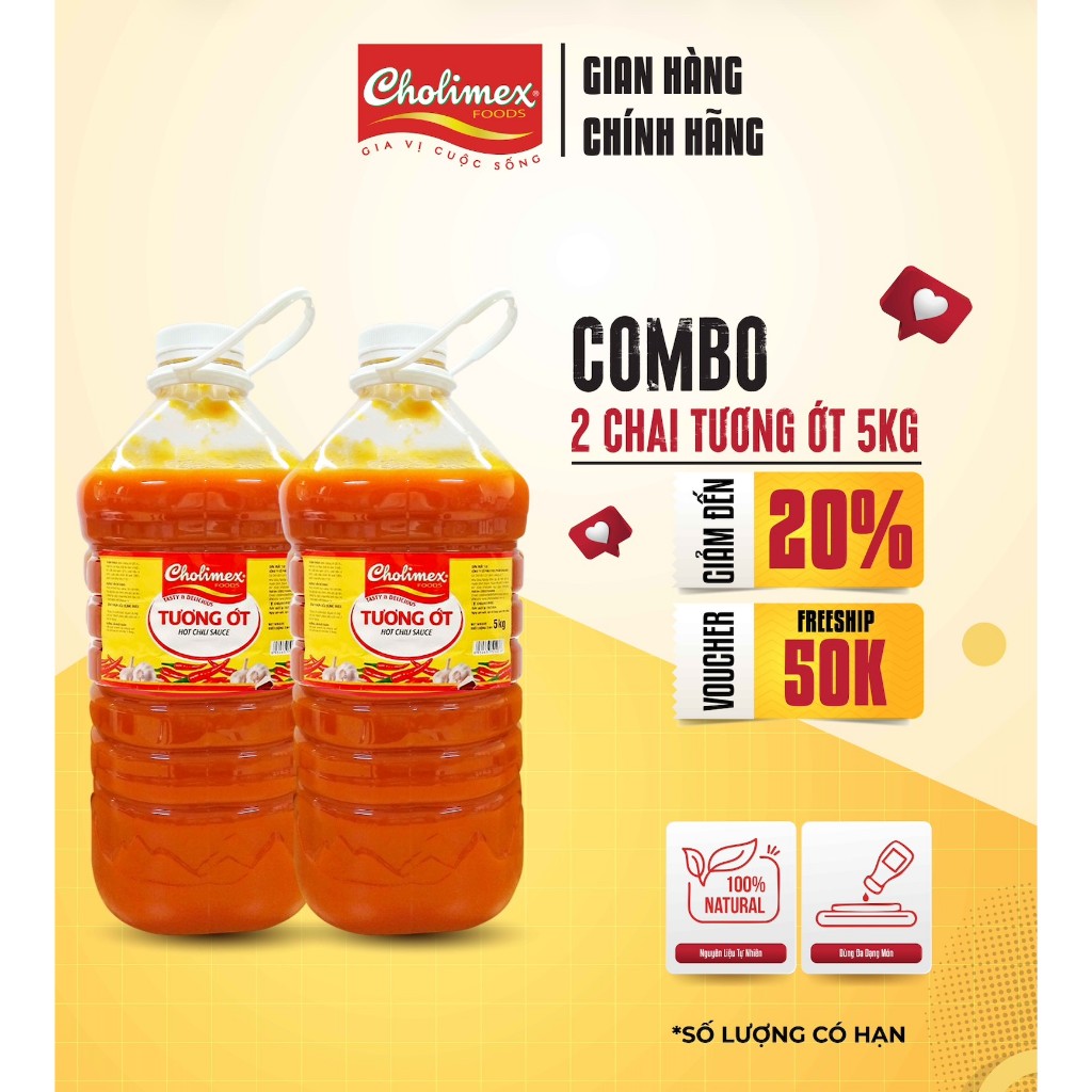 Combo 2 Chai Tương Ớt Cholimex 5kg - Cay Ngon Tự Nhiên, Chính Hãng, Dùng cho Nhà Hàng, Khách Sạn