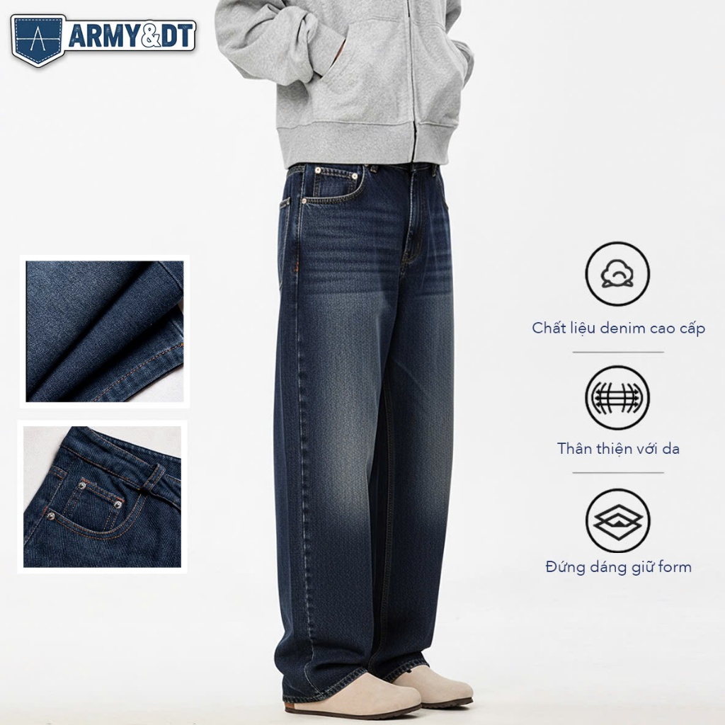 Quần Jean Nam Ống Suông ARMY&DT Cạp Khóa Form Rộng, Quần Denim Basic Cao Cấp Màu Xanh Đậm, Xanh Sáng Size S-2XL