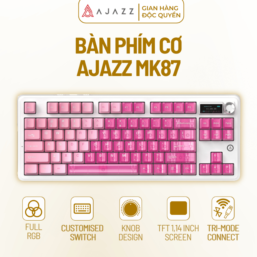 Bàn Phím Cơ Gaming Ajazz MK87, 3 Mode Kết Nối, Mạch Xuôi Led RGB Màn Hình TFT Núm Xoay Điều Khiển