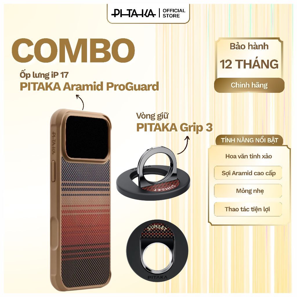 [COMBO ỐP LƯNG + VÒNG GIỮ] PITAKA Aramid ProGuard iPhone 17 & PITAKA Magez Grip 3 Cao Cấp, Chống Sốc