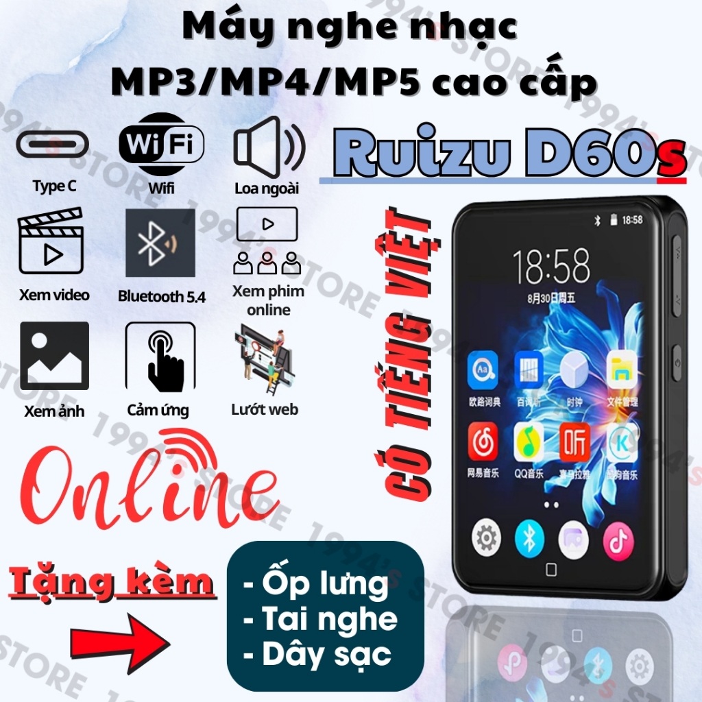 Ruizu D60/D60s Máy Nghe Nhạc Android MP3/MP4/MP5 - Có Tiếng Việt - WiFi, Bluetooth - Lướt Web, xem p