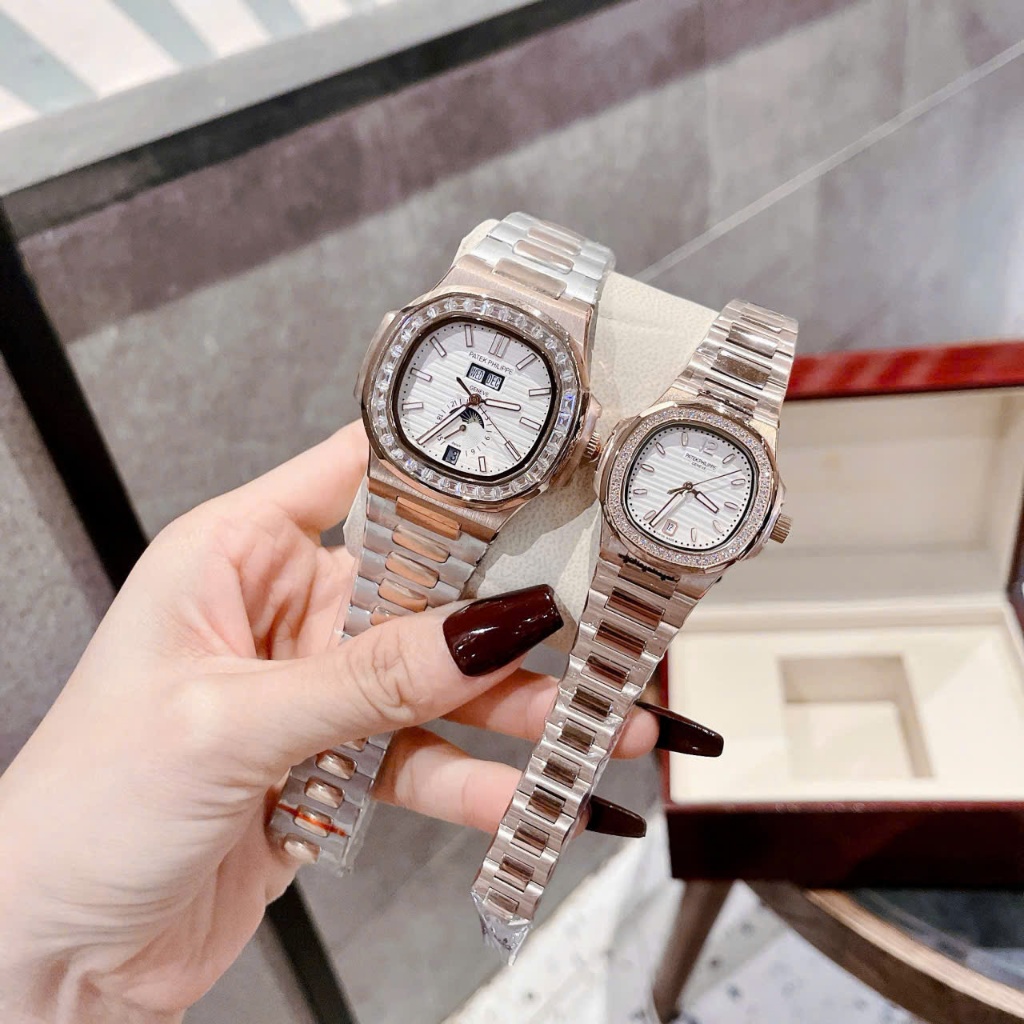 Combo Đồng hồ đôi đeo tay nam nữ PATE PHlLlPPE nam cơ size 40mm nữ pin size 32mm  cao cấp chống nước
