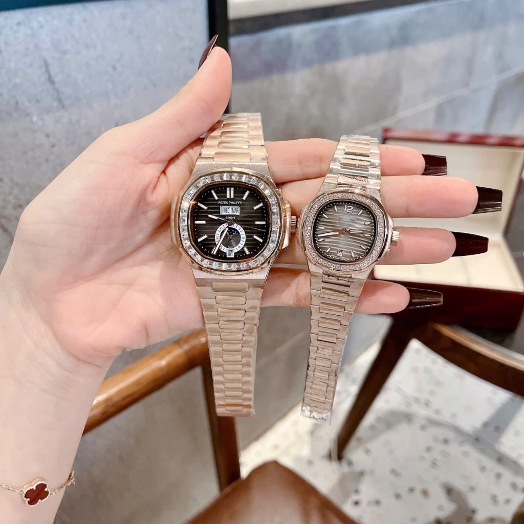 Combo Đồng hồ đôi đeo tay nam nữ PATE PHlLlPPE nam cơ size 40mm nữ pin size 32mm  cao cấp chống nước