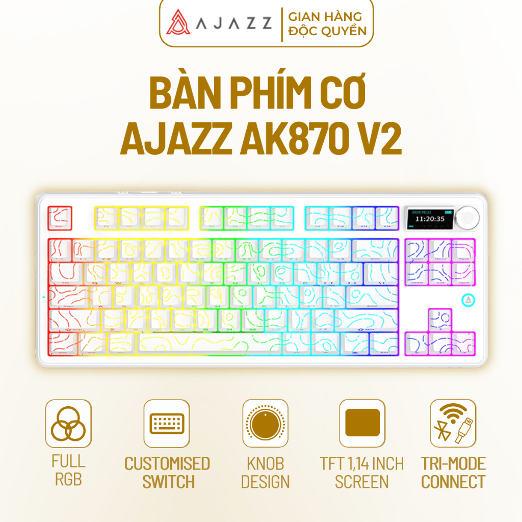 Bàn Phím Cơ AJAZZ AK870 V2 Có Dây 3 Chế Độ Gasket Hot Swappable Màn Hình TFT Pin 10000mAh RGB Side