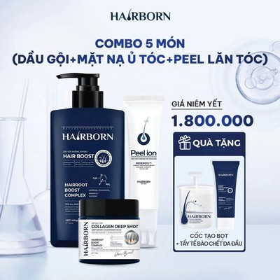 Combo 5 Món HAIRBORN Chăm Sóc Tóc : Dầu Gội-Ủ Tóc-Lăn Mọc Tóc ( Tặng Cốc Tạo Bọt+Tẩy Tế Bào Chết )