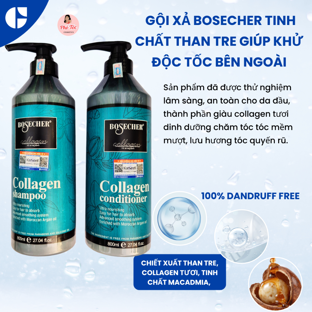 Dầu gội xả phục hồi BOSCHER giàu collagen, tinh chất than tre, dầu Argan Morocco 800ml