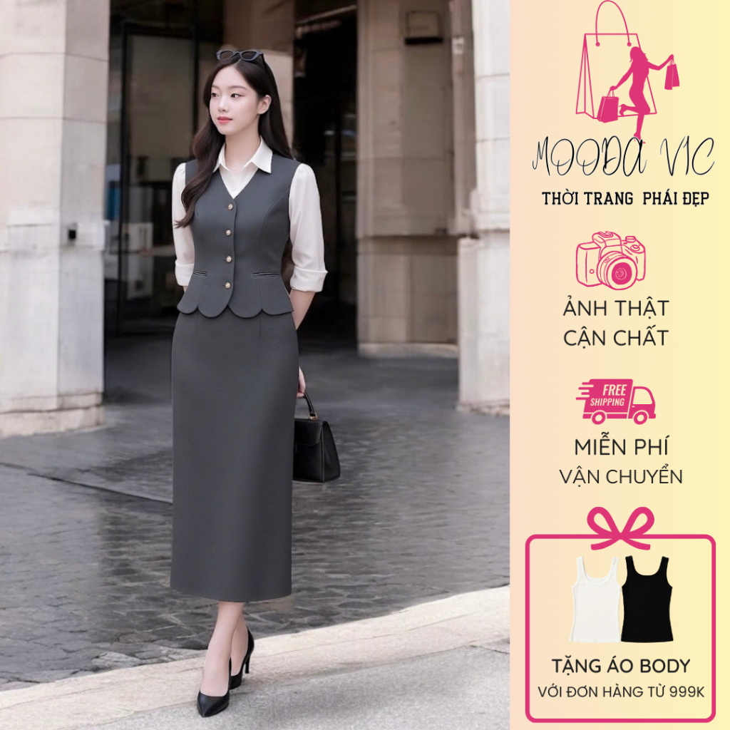 [MD250902] - Sét Vest Công Sở Nữ Dáng Dài - Áo Ghi Lê Phối Sơ Mi & Chân Váy Dài Sang Trọng
