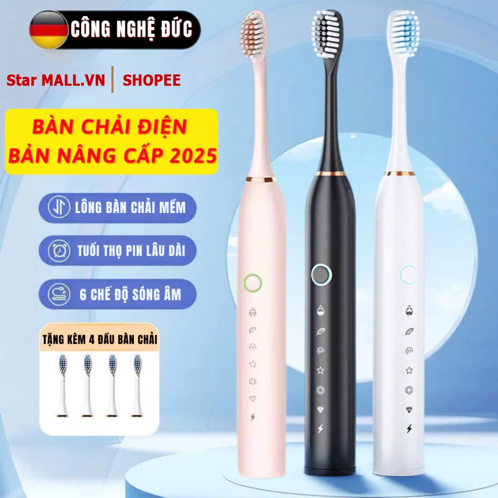 Bàn Chải Đánh Răng Điện Sonic X3 Pro Thông Minh 6 Chế Độ Sóng Âm, Combo Tặng Kèm 4 Đầu Chải Thay Thế