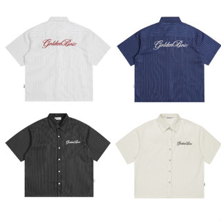  Áo Sơ Mi Kẻ Sọc Form ngắn Thêu Chữ GOLDEN BOIZ nút bấm form boxy dáng rộng vải oxford dày dặn form rộng 