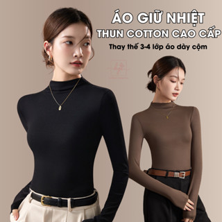  Áo giữ nhiệt cổ thấp nữ tay dài thun cotton co giãn cao cấp giữ ấm hack eo thon gọn H528 