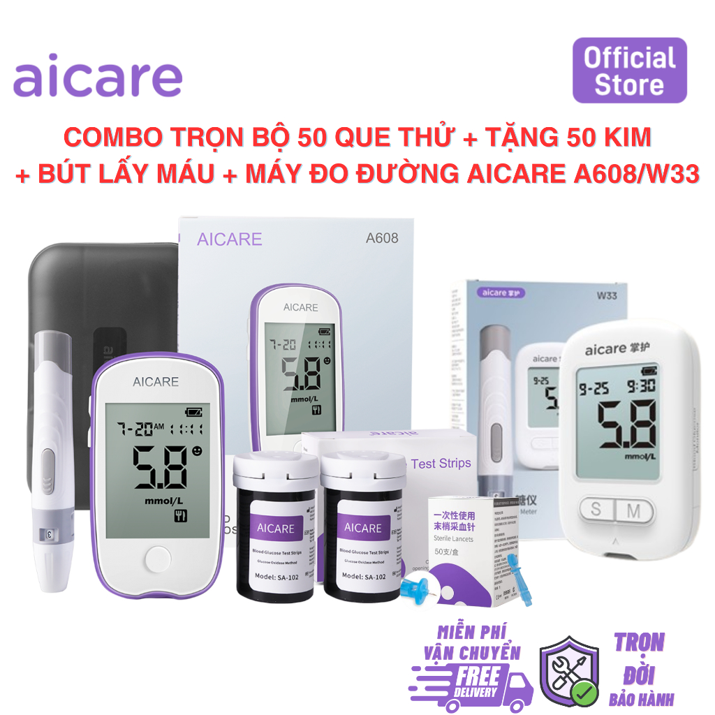 Combo Que Thử Đường Huyết SA-102 Và Máy Đo Đường Huyết Chính Hãng AICARE + Tặng Kim Chích Máu