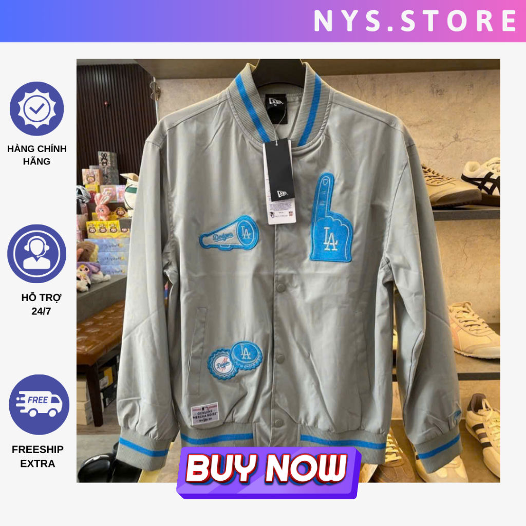 [CHÍNH HÃNG] Áo bomber New Era dù LA Dodgers xám phong cách Hàn Quốc Unisex Nam/Nữ