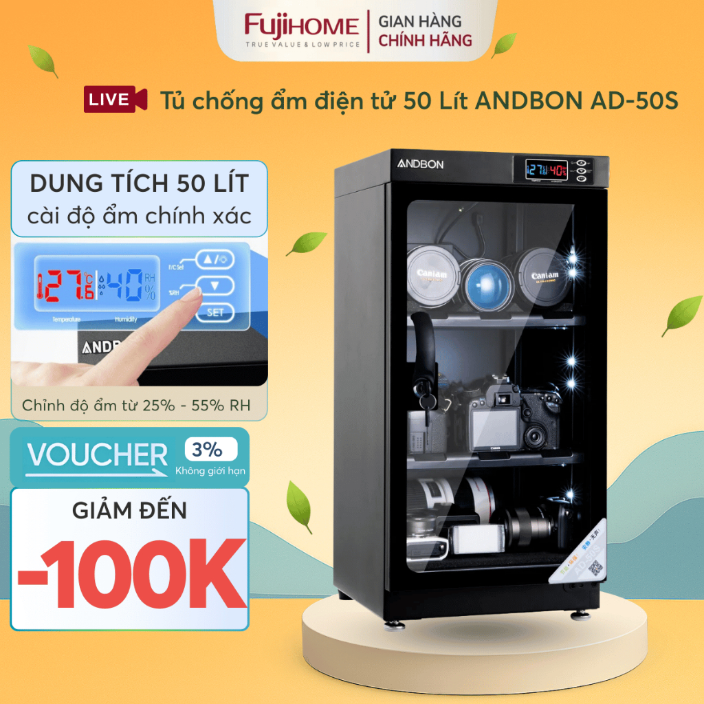 Tủ chống ẩm máy ảnh 50 lít ANDBON AD-50C, Tủ hút ẩm máy ảnh 50l ba ngăn điện tử chống mốc