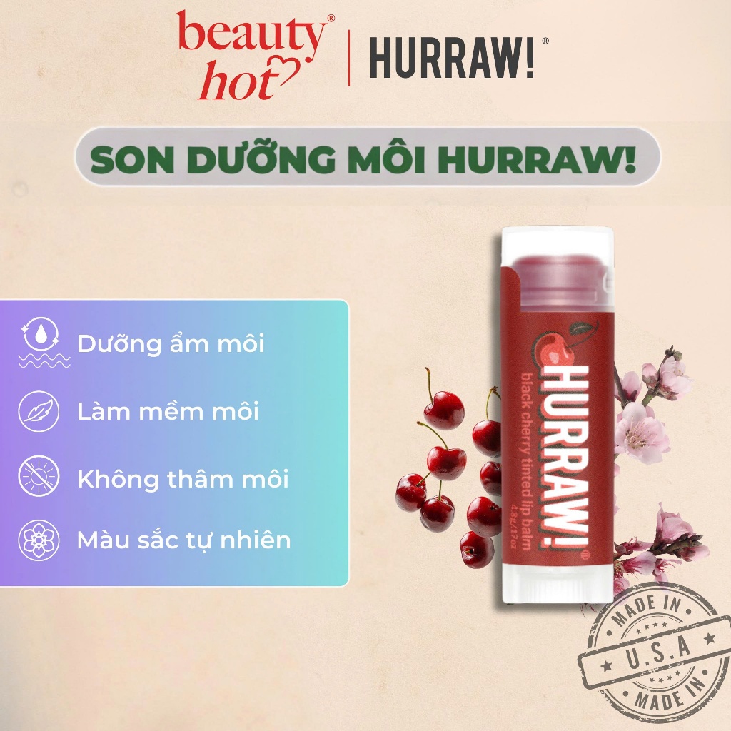 Hương Anh Đào - Son dưỡng môi Hurraw! Balm HỮU CƠ, thuần chay 4.8g/.17oz