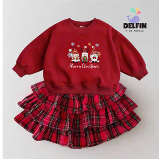  Sét NOEL bé gái áo Tay Dài Sweater mix chân váy Caro noel 3 tầng Delfinkid sét váy noel bé gái từ 10-30kg 