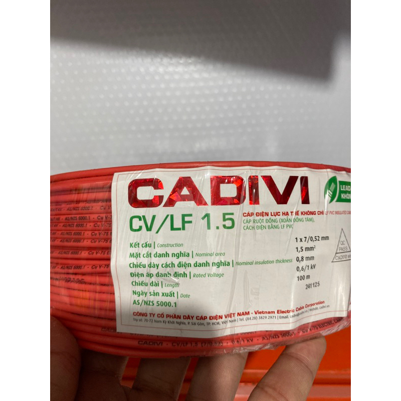 [giá 50 mét] Dây điện cadivi CV1.5 đơn 7 sợi lõi đồng chính hãng