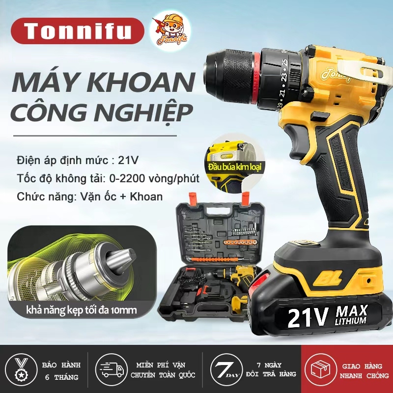 Máy Khoan Không Chổi Than TONNIFU Đầu Kẹp 10mm Kèm Phụ Kiện Chân Phổ Thông Có Mặt Búa Đóng Đinh DZ-2110