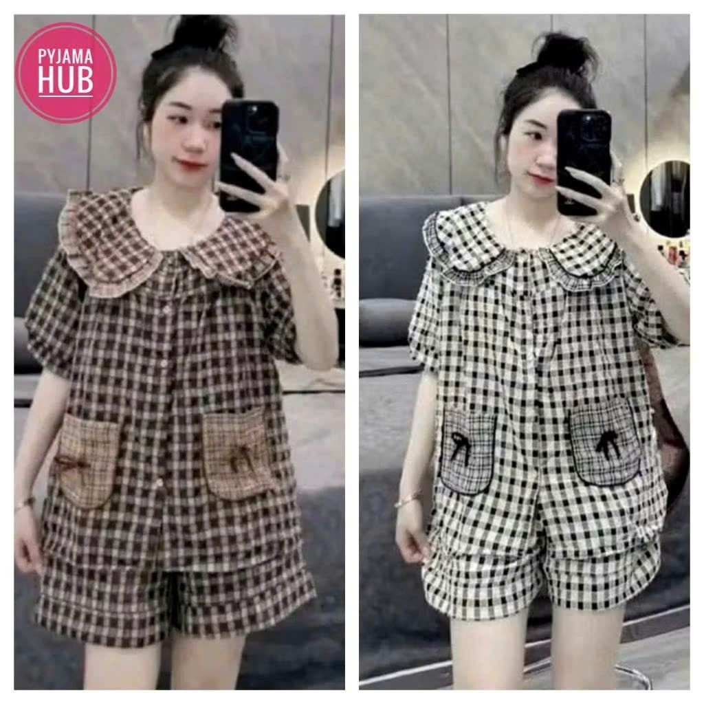 BỘ PiJAMA nhung kẻ sen cộc đùi cao cấp