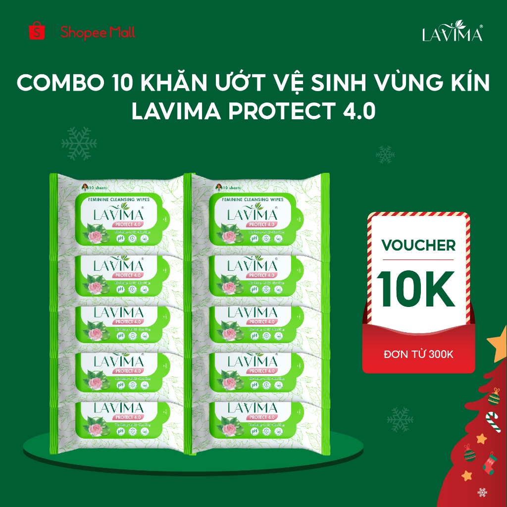  Combo 10 Gói Khăn Ướt Vệ Sinh Vùng Kín Lavima Protect 4.0 Lành tính Dịu Nhẹ Kháng Khuẩn Gói 10 tờ 